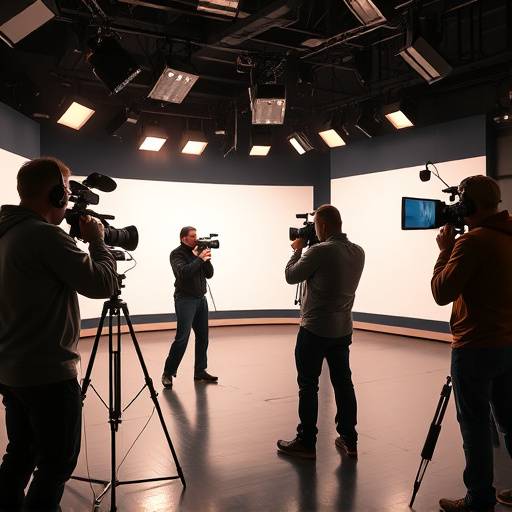 Bilde av et TV-studio med journalister som rapporterer nyheter