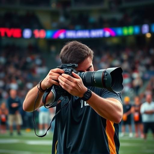 En fotojournalist som tar bilder under en sportsbegivenhet med et profesjonelt kamera
