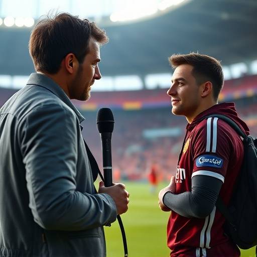 En sportsjournalist intervjuer en fotballspiller etter en kamp på et stadion